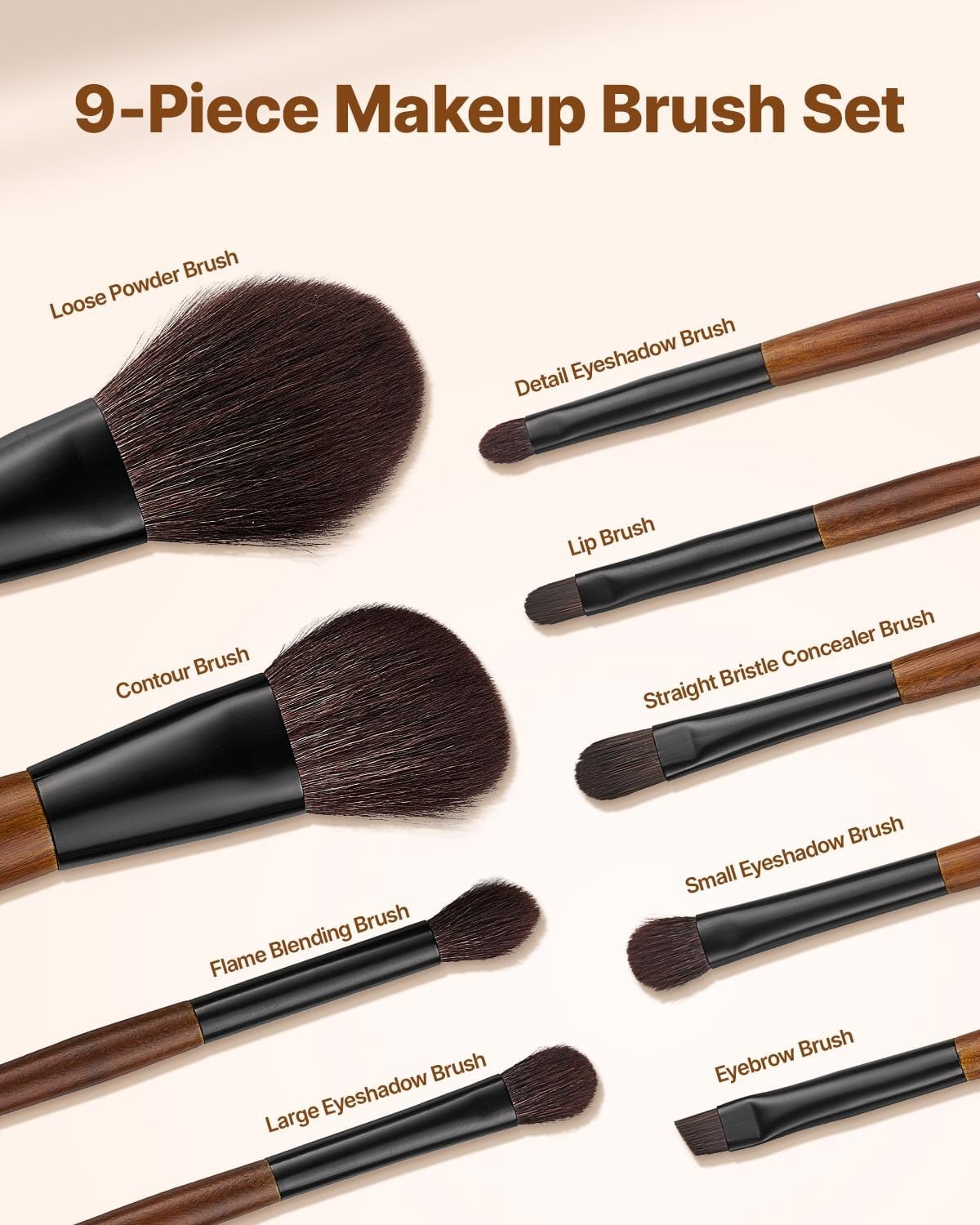 9-Piece Makeup Brush Set for Foundation Blending Eyeshadow, Professional Makeup Brush Kit with Soft Natural Wool & Vegan Synthetic Bristles, Ergonomic Wood Handle, Travel-Friendly Storage Bag