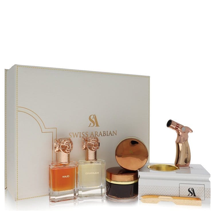 Swiss Arabian Bakhoor Dukhoon Al Haram by Swiss Arabian Gift Set -- Gift Set contains 2 x 1.7 oz Eau De Parfum in Wajd & Gharaam + 2 x 60 grams of Incense in Dukhoon Al Haram & Oud Muattar Mumtaz (Men)