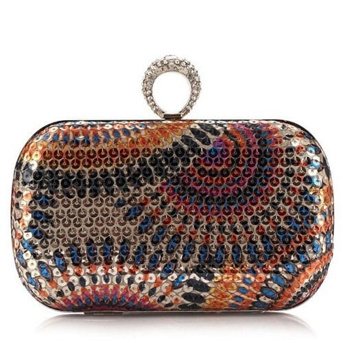Peacock Feather Inspired Glistening Sequins Women Fashion Evening Handbag - Colorful Rose