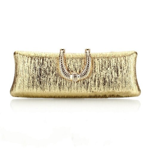 Bark Texture with Rhinestone Inlaid Handle Design Fashion Evening Handbag - Golden