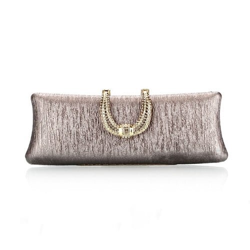 Bark Texture with Rhinestone Inlaid Handle Design Fashion Evening Handbag - Gray