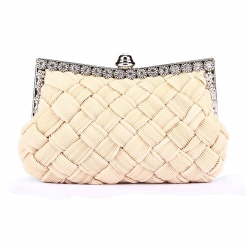 Weaving Threads Pattern with Rhinestone Floral Decorations Fashion Evening Handbag/ Shoulder Bag - Ivory