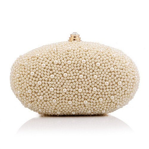 Luxurious Pearls All-over Design Oval Shaped Fashion Evening Handbag/ Party Shoulder Bag - Apricot
