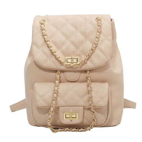 Korean Style Fashion Rhombus Women Chain Backpack - Khaki