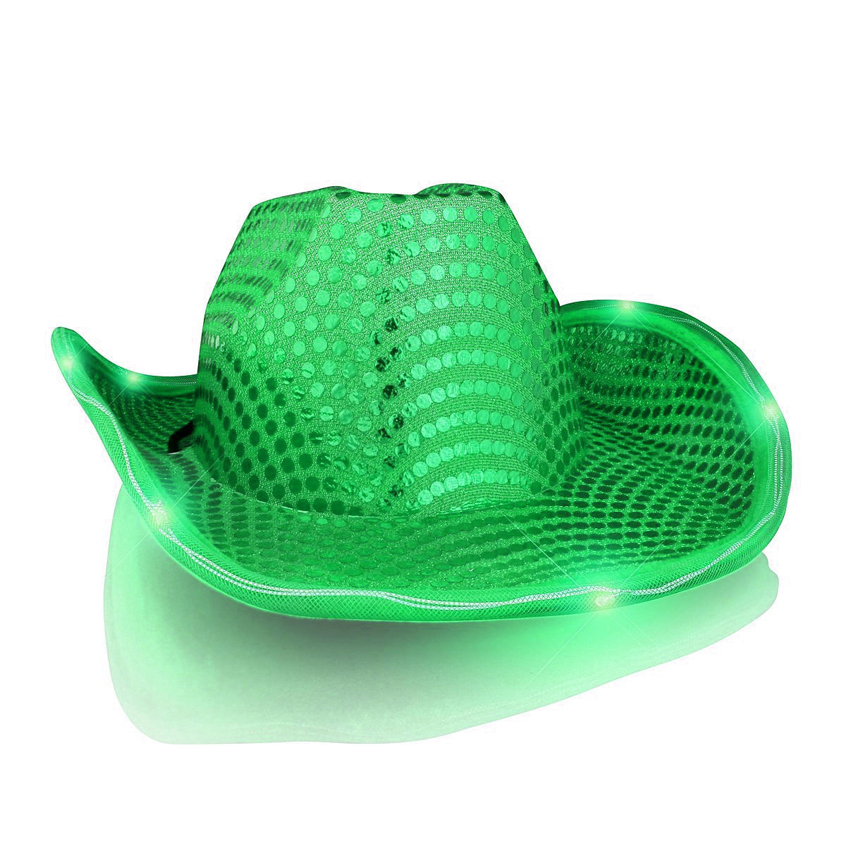 LED Flashing Cowboy Hat Green Sequins