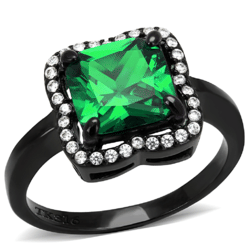 Women's Ring, Green CZ, Black Plated, Stainless Steel, Halo, Statement