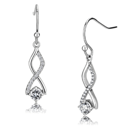 Women's Earrings, Clear CZ, Stainless Steel, Twisted, Elegant Dangle