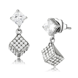 Women's Earrings, Clear CZ, Stainless Steel, Sparkling Dangle, Geometric Cube