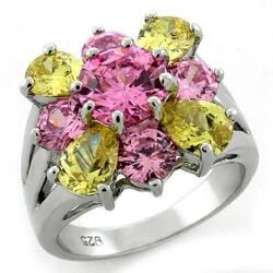 Women's Flower Ring, Multicolor CZ, Rhodium Plated, Sterling Silver, Cluster