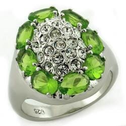 Women's Floral Cluster Ring, Clear CZ, Sterling Silver, Halo, Green Stone
