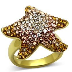 Women's Starfish Ring, Multicolor Top Grade Crystal, 14K Gold Plated