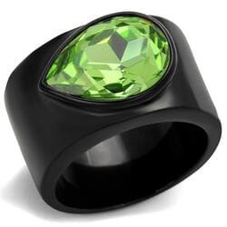 Women's Ring, Green Top Grade Crystal, Black Plated, Stainless Steel, Statement