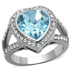 Women's Heart Ring, Blue Top Grade Crystal, Stainless Steel, Halo, Split Shank