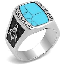 Men's Freemason Ring, Blue Turquoise, Stainless Steel, Masonic Symbol