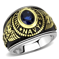 Men's US Navy Ring, Blue Glass, 14K Gold Plated, Stainless Steel, Statement