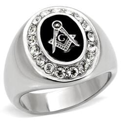 Men's Freemason Ring, Clear Top Grade Crystal, Stainless Steel, Halo