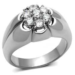 Men's Ring, Clear CZ, Stainless Steel, Cluster, Brilliant Stones, Sleek Metal