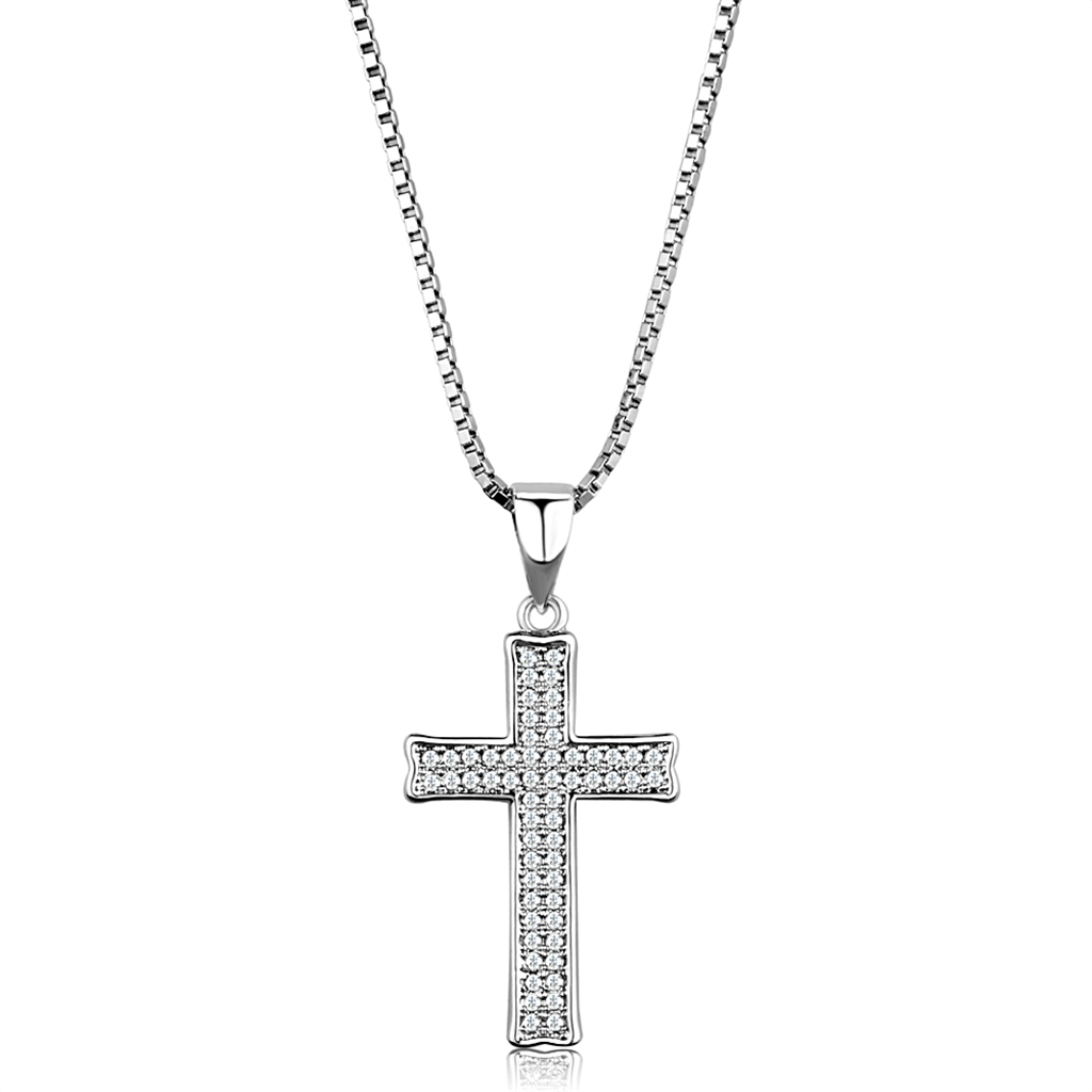 Women's Cross Chain Pendant Necklace, Clear CZ, Rhodium Plated, Brass, Statement