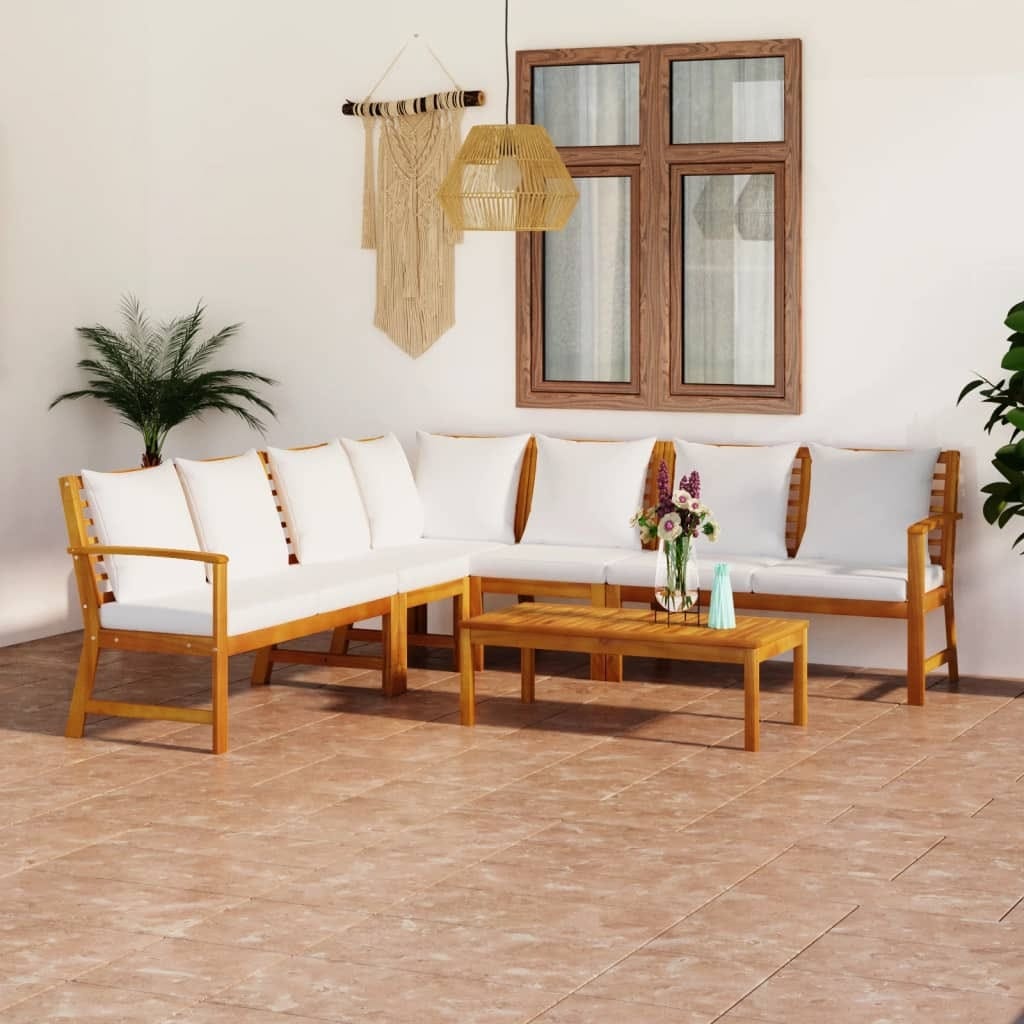 6 Piece Patio Lounge Set with Cushion Cream Solid Acacia Wood