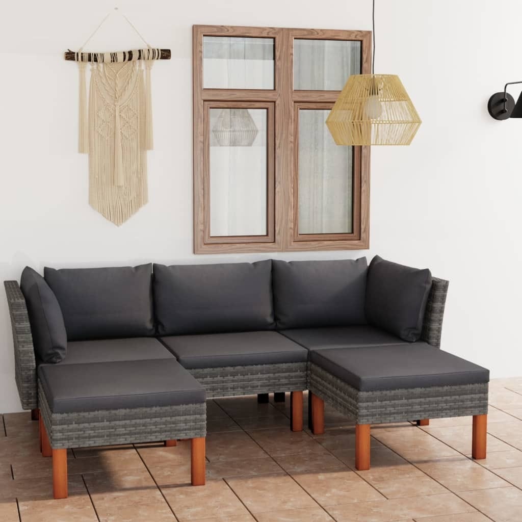 5 Piece Patio Lounge Set with Cushions Poly Rattan Gray