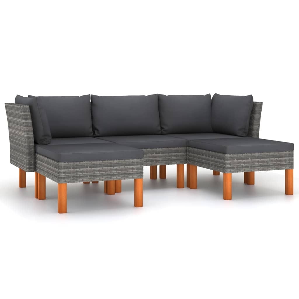 5 Piece Patio Lounge Set with Cushions Poly Rattan Gray - Image 2
