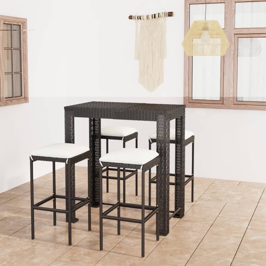5 Piece Patio Bar Set with Cushions Poly Rattan Black