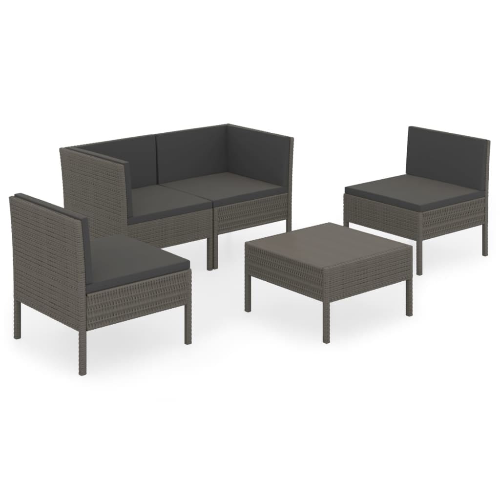 5 Piece Patio Lounge Set with Cushions Poly Rattan Gray - Image 2