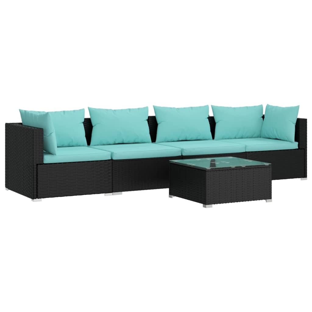 Patio Furniture Set 5 Piece with Cushions Poly Rattan Black - Image 2