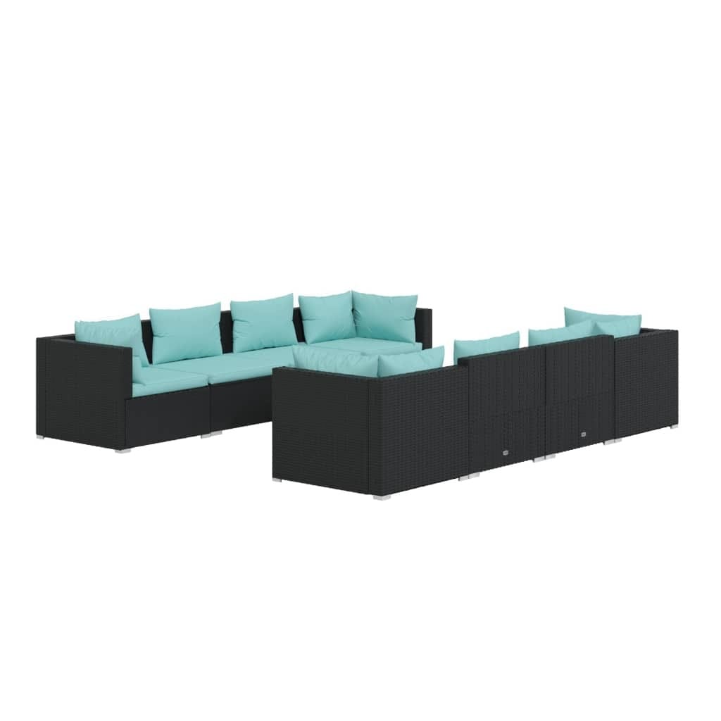 9 Piece Patio Lounge Set with Cushions Poly Rattan Black - Image 2