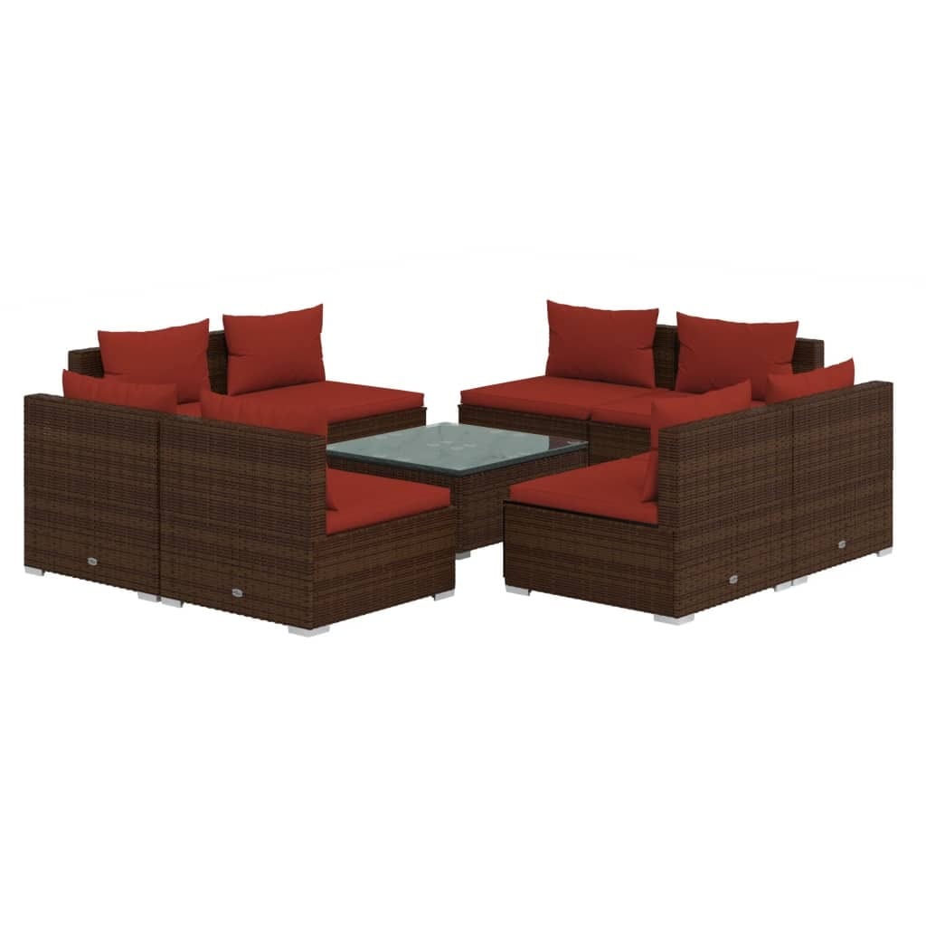 9 Piece Patio Lounge Set with Cushions Poly Rattan Brown - Image 2