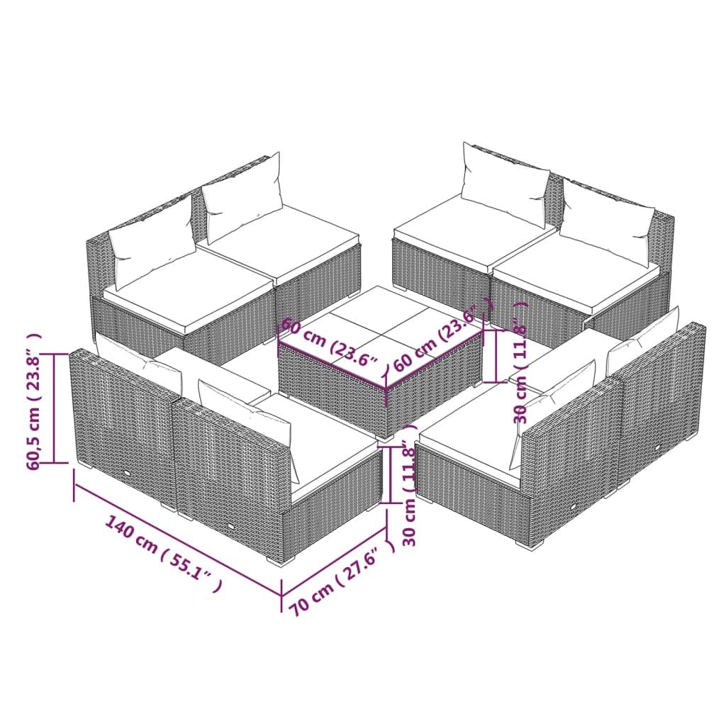 9 Piece Patio Lounge Set with Cushions Poly Rattan Brown - Image 7