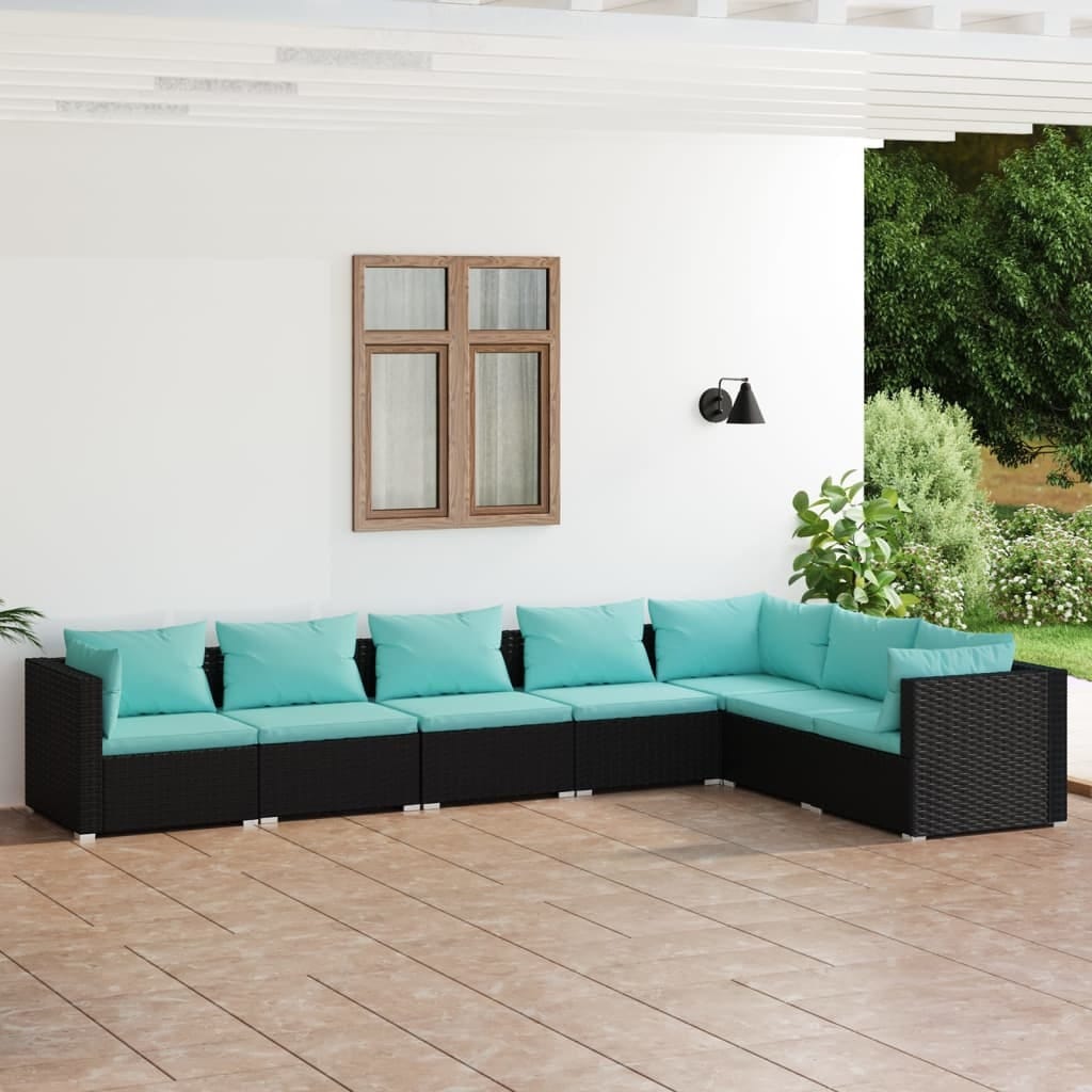 7 Piece Patio Lounge Set with Cushions Poly Rattan Black