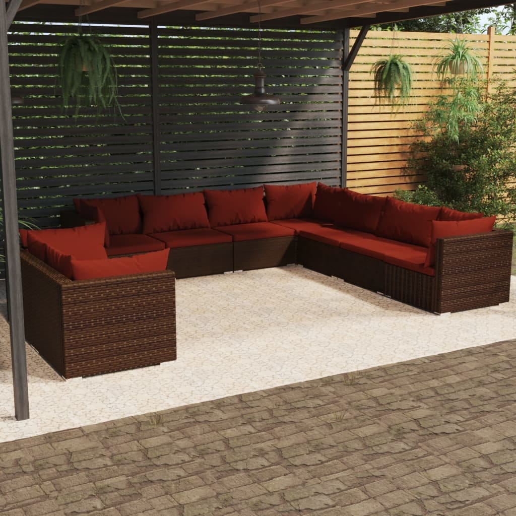 9 Piece Patio Lounge Set with Cushions Brown Poly Rattan