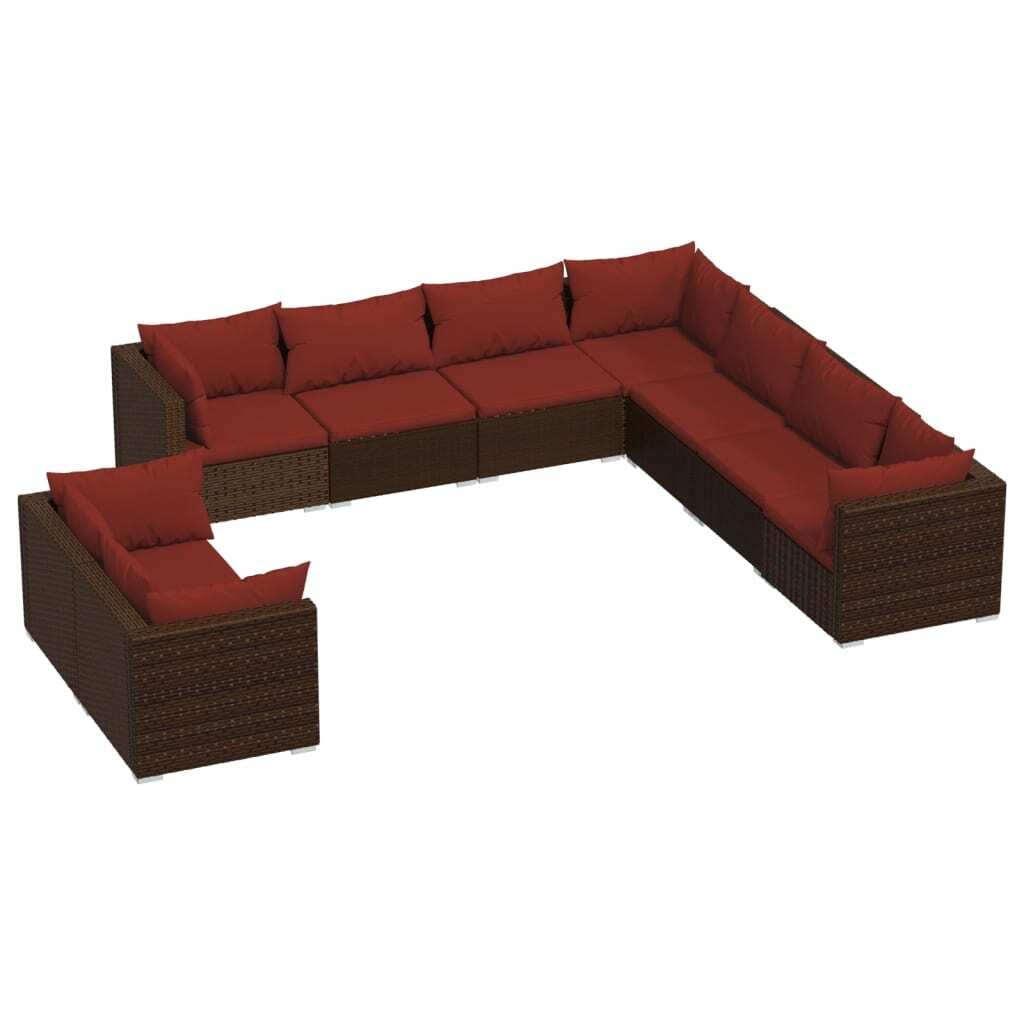 9 Piece Patio Lounge Set with Cushions Brown Poly Rattan - Image 2