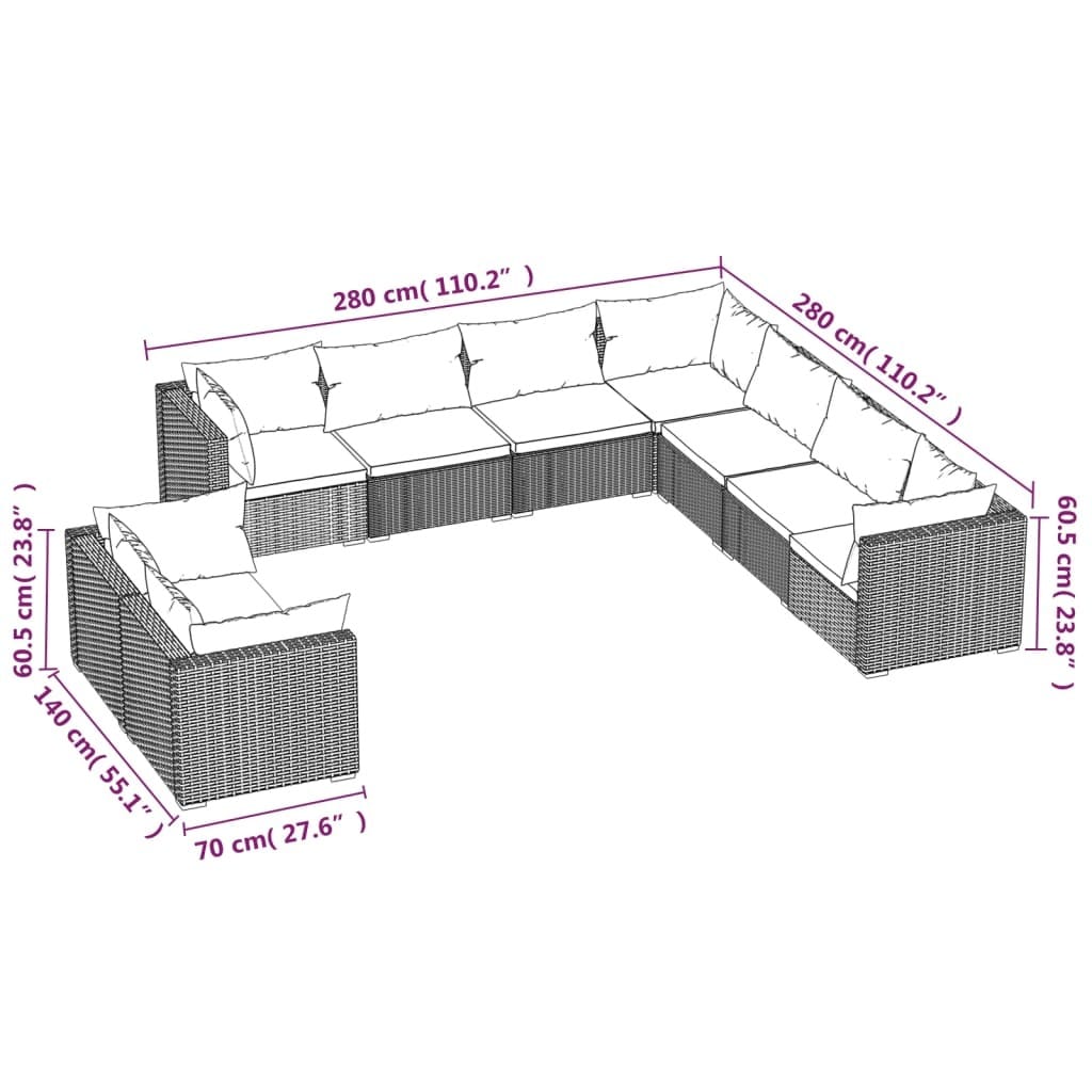 9 Piece Patio Lounge Set with Cushions Brown Poly Rattan - Image 5