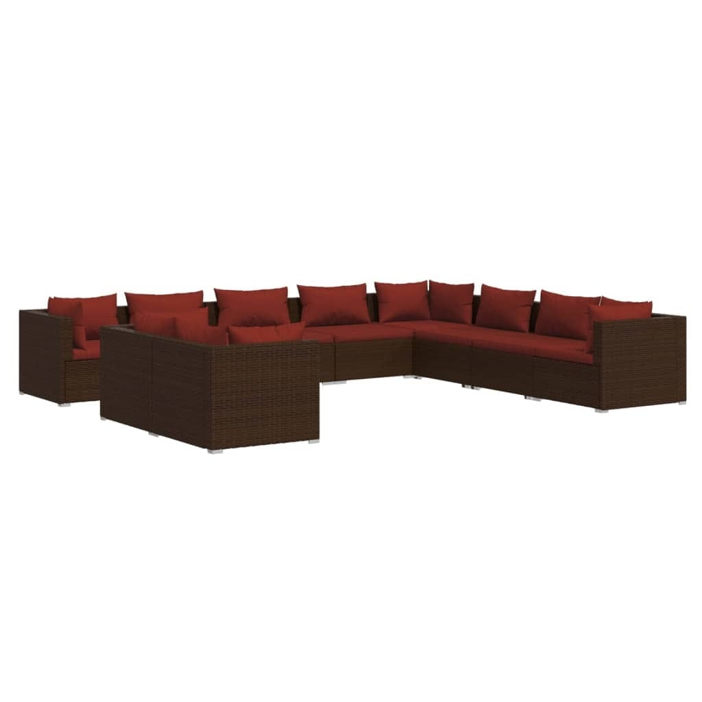10 Piece Patio Lounge Set with Cushions Brown Poly Rattan - Image 2