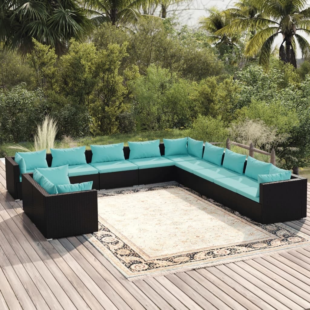 11 Piece Patio Lounge Set with Cushions Black Poly Rattan