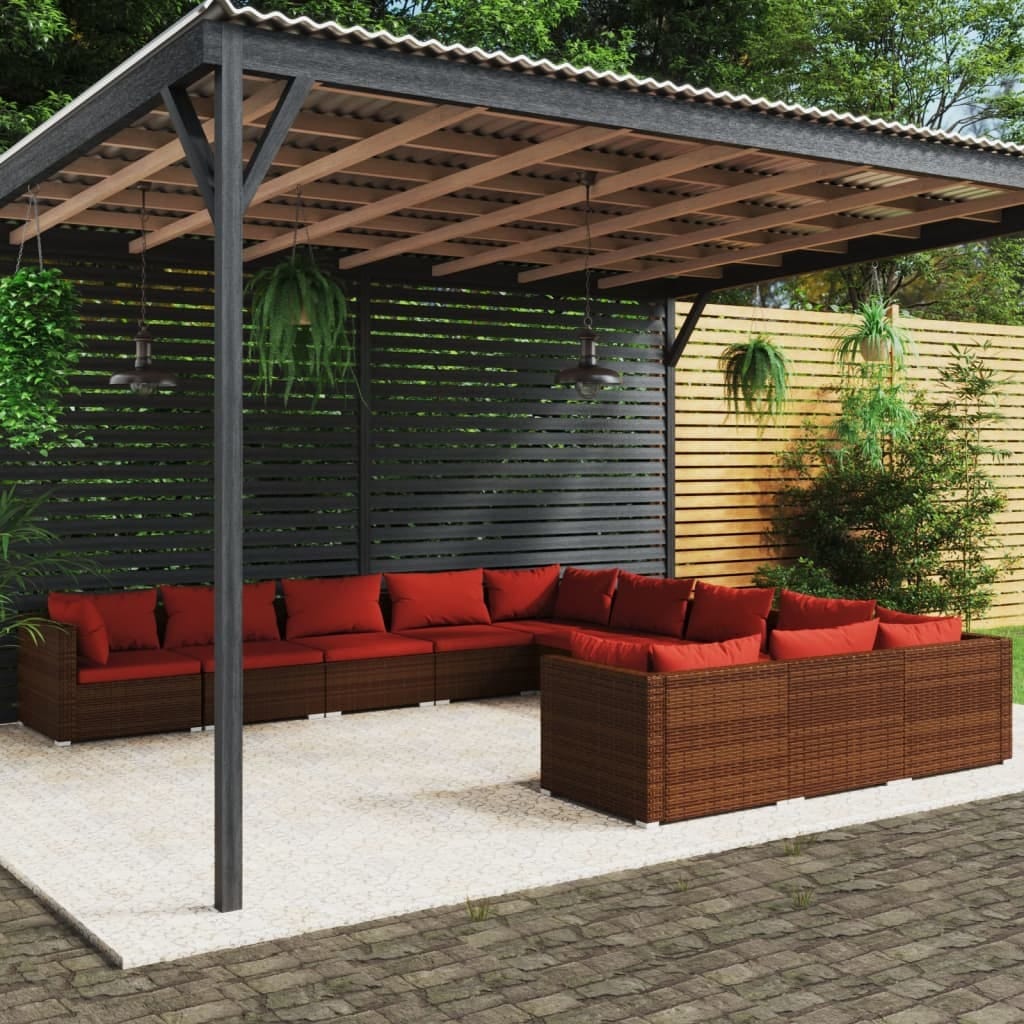 11 Piece Patio Lounge Set with Cushions Poly Rattan Brown