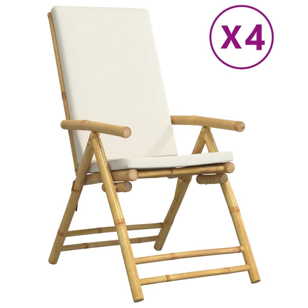 4 Piece Folding Patio Reclining Chairs with Cream White Cushions Bamboo - Image 2