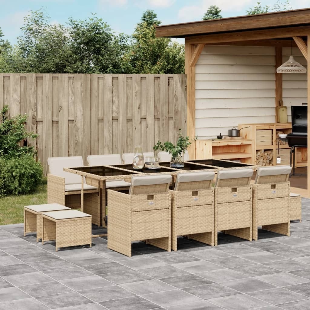 13 Piece Patio Dining Set with Cushions Beige Poly Rattan