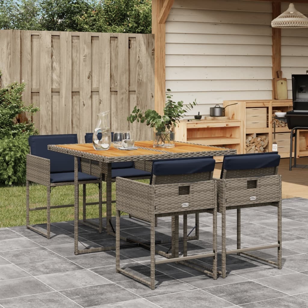 5 Piece Patio Dining Set with Cushions Gray Poly Rattan
