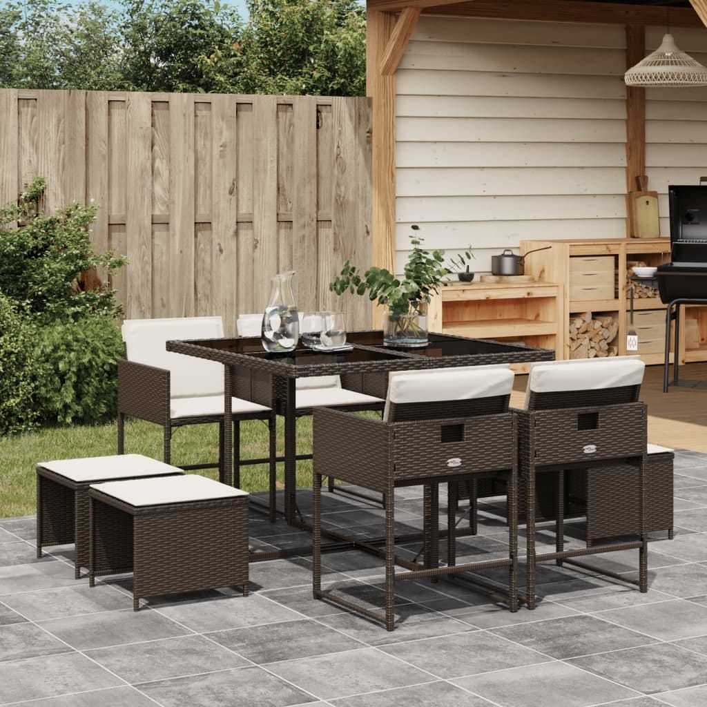 9 Piece Patio Dining Set with Cushions Brown Poly Rattan