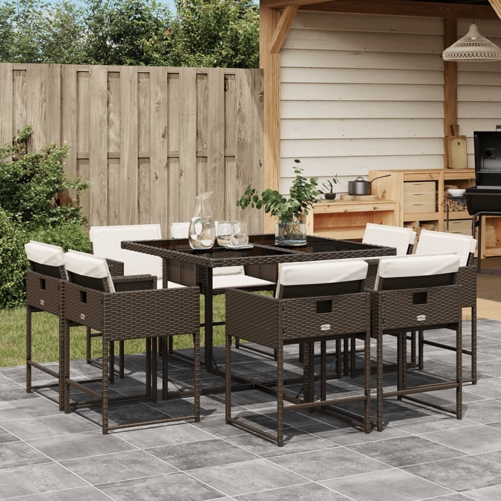 9 Piece Patio Dining Set with Cushions Brown Poly Rattan