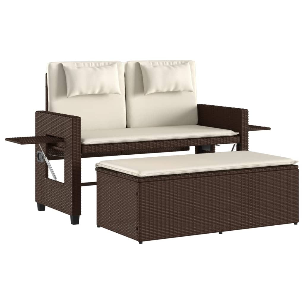 Reclining Patio Bench with Cushions Brown Poly Rattan - Image 2
