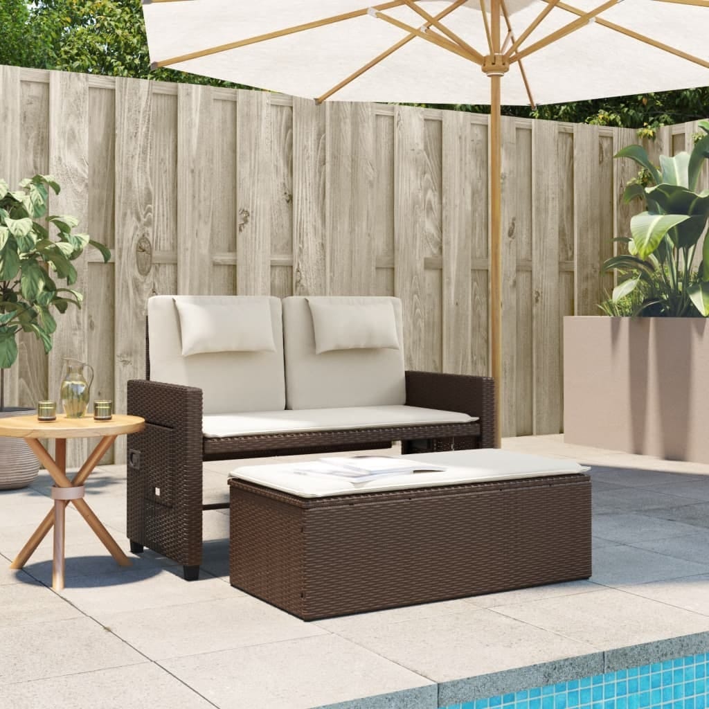 Reclining Patio Bench with Cushions Brown Poly Rattan - Image 3