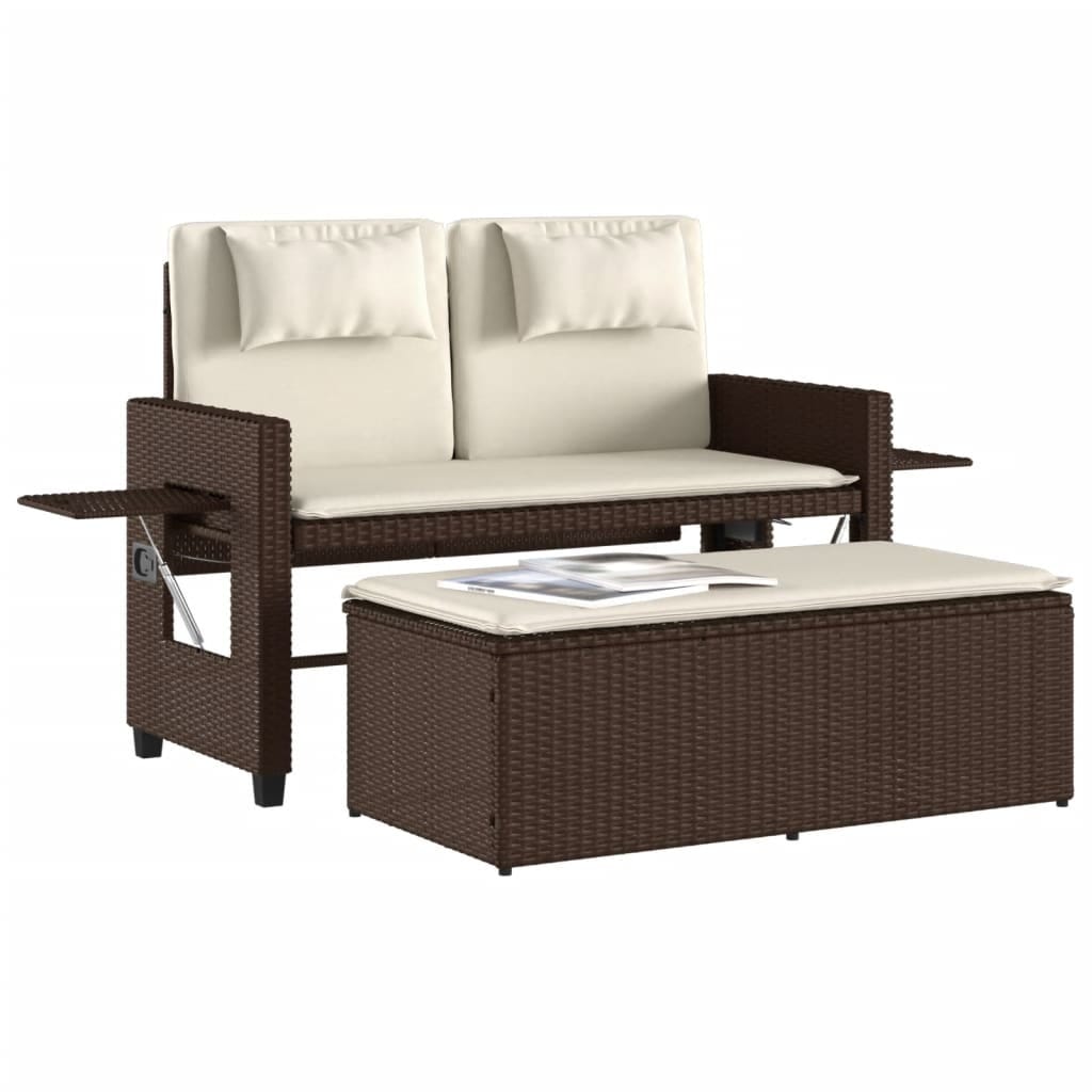 Reclining Patio Bench with Cushions Brown Poly Rattan - Image 4
