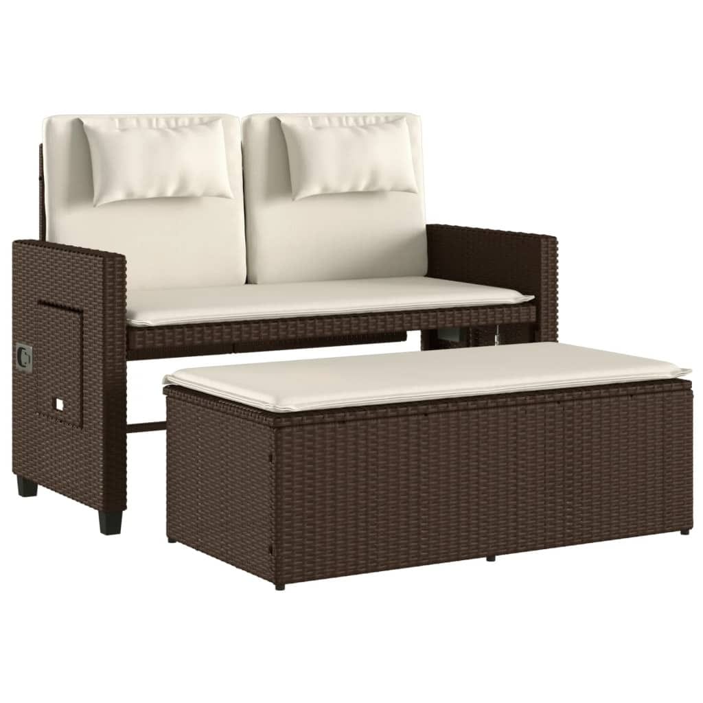 Reclining Patio Bench with Cushions Brown Poly Rattan - Image 5