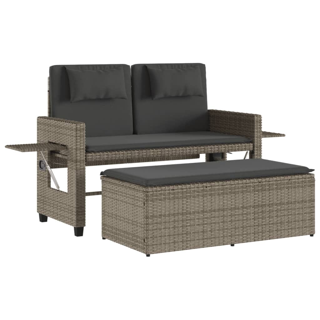 Reclining Patio Bench with Cushions Gray Poly Rattan - Image 2