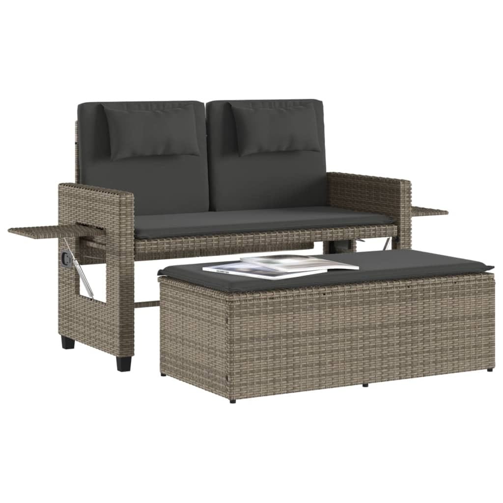 Reclining Patio Bench with Cushions Gray Poly Rattan - Image 4