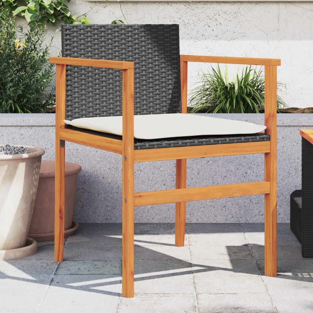 Patio Chairs with Cushions 2 pcs Black Poly Rattan&Solid Wood